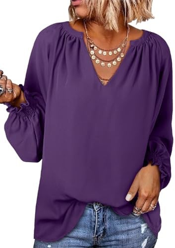 Dokotoo Womens Blouses Top Smocked Puff Long Sleeve Oversized Women's T-Shirts V Neck Women Spring Dressy Outfits Shirts Casual Chiffon Ladies Tunic Tops Purple M UK 10 12