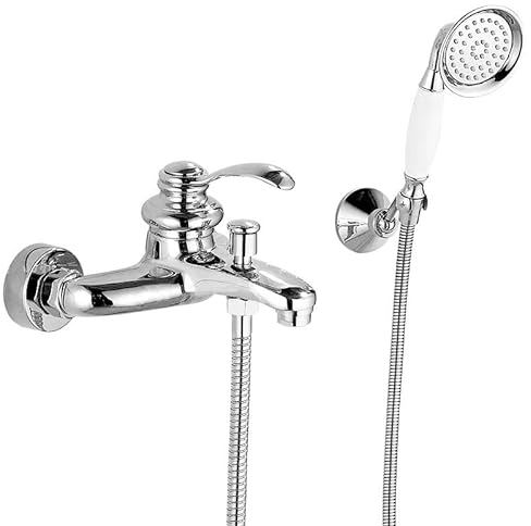 ZYCDP Retro Badewannenarmatur mit Handbrause Messing Wannenbatterie mit Umsteller Einhebel Armatur Wasserhahn Badewanne Wandmontage, Chrom
