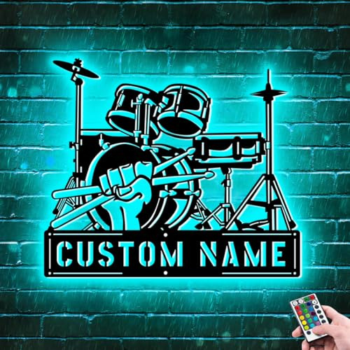 ALICESER Personalisiertes Schlagzeug-Set, Musik-Metall-Lichtschild für Wandkunst, individuelle Schlagzeug-Performance mit Namen, Metall-Neonschild, RGB-LED, Musikzimmer-Dekor, individuelles Geschenk
