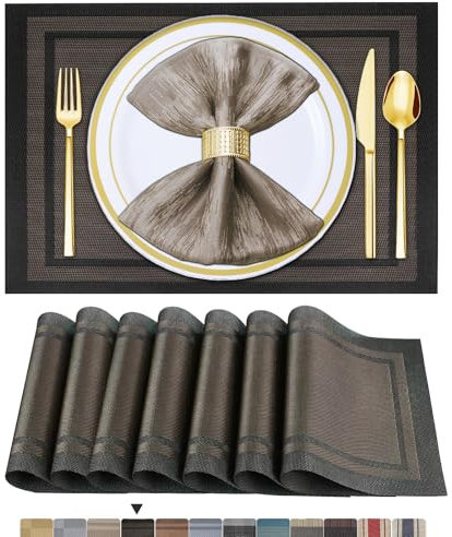 BETEAM Platzsets Abwaschbar 6er Set Vinyl Tischsets für Esstisch Waschbar Küchen Platzdecken Langlebige Tischsets für Drinnen Draußen-02 Schwarz, 6er Set