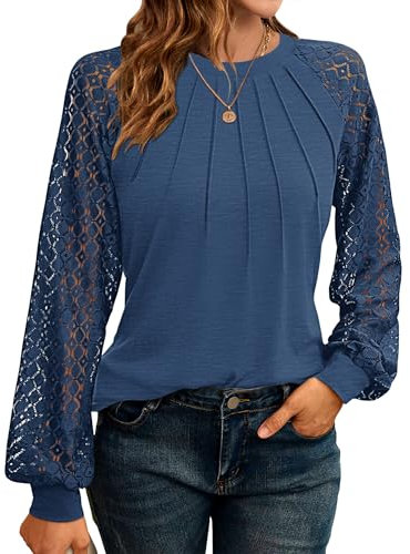 WNEEDU Sweatshirt Damen Pullover Herbst Langarmshirt Oberteile Tops T-Shirts Elegante Langarm Spitzen Lässig Bluse Frühling und Herbst Tops