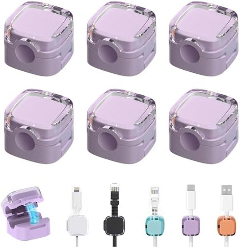 6 Pack Cable Clips with Self Adhesive, Adjustable Cable Tidy, Cord Cable Management Cable Organiser Magnetic Cable Holder Wire Holder Organiser for USB, HDMI, Wall, Car, Office, Home (Purple)