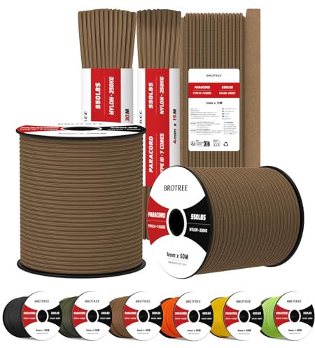 Brotree 4mm Paracord 550 7 Fili Nylon Corda 10M Tipo III Corda da Paracadute per Sopravvivenza, All'aperto, Fatto a Mano - 250kg Carico di Rottura (Marrone Fango)