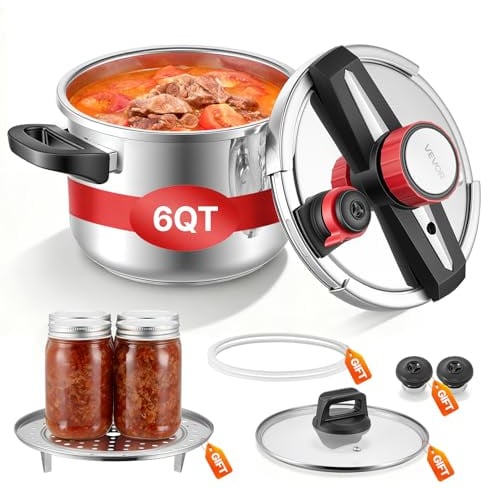 VEVOR Olla a Presión de 6 L, de Acero Inoxidable, con Rejilla para Cocinar al Vapor, Tapa de Vidrio Templado, Tres Configuraciones de Presión para Carne, Frijoles, Arroz, Sopa y Salsas. 100 kPa