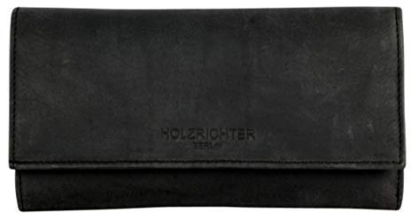 HOLZRICHTER Berlin – Große Damen Geldbörse aus Leder (No 4-3), Vintage, 11x19x3 cm, XXL Portemonnaie mit 22 Kartenfächern, 4 Hauptfächer und mittigem Münzfach Geldbeutel in Schwarz