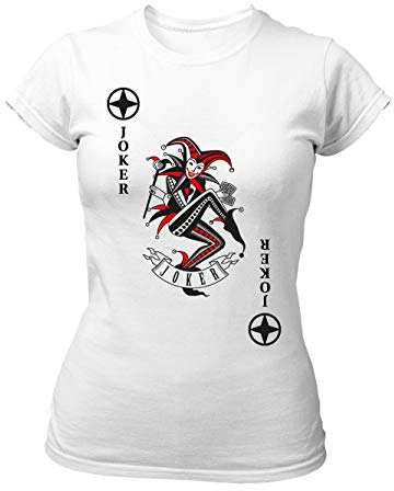 clothinx Damen T-Shirt Fit Karneval & Fasching Spielkarte Joker Kostüm Weiß/Schwarz_Rot Größe L