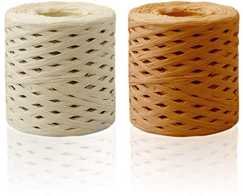 Keleily Bast Bunt 2 Rollen Bunt Raffia Bast 200M Bast Papierband Kunst Bastband für Geschenkverpackung, Handwerk, Dekoration, Weben, Florist, Weihnachten, Beige, Braun
