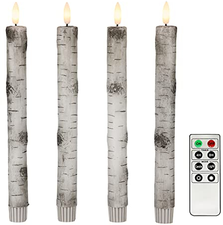 4er Set LED Birke Stabkerzen Tafelkerzen 3D Flamme mit Timerfunktion, Fernbedienung und Batterien enthalten