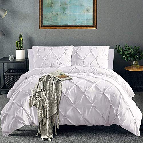 CoutureBridal Weiß Bettwäsche 155x220cm Luxus Pintuck Plisseefalten Mikrofaser Wendebettwäsche Set Uni Bettbezug mit Reißverschluss und Kissenbezug 80x80cm