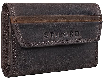 STILORD 'Bowie' Leder Schlüsseletui Schlüsselmäppchen und Geldbörse Klein Etui Key Organizer Slim Wallet Mini Schlüsseltasche für EC-Karten mit Schlüsselanhängern, Farbe:dunkel - braun