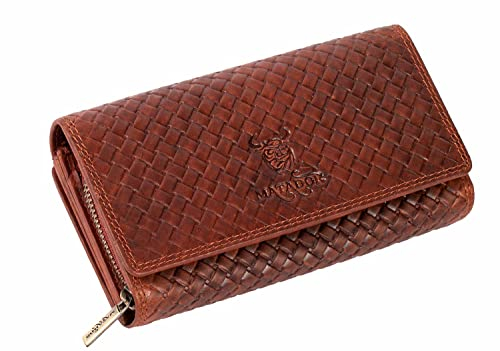 MATADOR Damen Geldbörse Leder #LISSABON mit edler Geschenkbox, Elegantes Portmonee Damen Groß mit RFID Schutz, Luxus Geldbörse Damen Groß Viele Fächer, Geflochten Braun