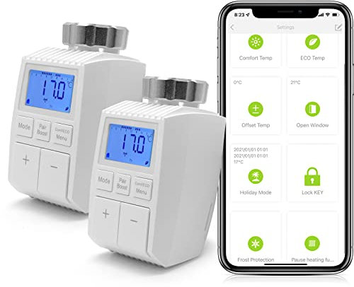 BSEED Smart Thermostat Valve 2 Set,LED Display & Button Room Thermostat Head Radiator, Timer Voice APP WiFi Control, Low Energy Tube, Alexa Google Home Tuya Hub Needed, Home Holiday Child ECO Model