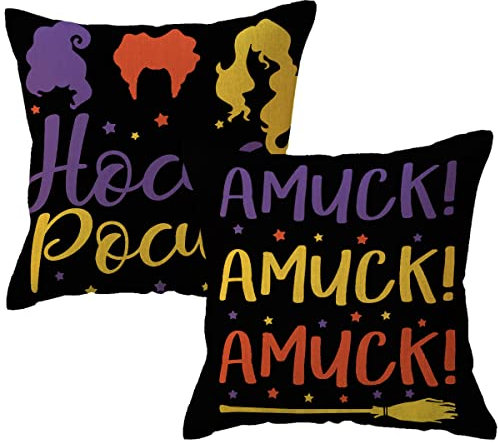 2 x dekorative Halloween-Kissenbezüge, 45,7 x 45,7 cm, bunte Sanderson Sisters/Hocus Pocus/Amuck, Halloween-Party-Dekoration, Überwurfkissen, Bauernhaus, Halloween, Herbstdekorationen