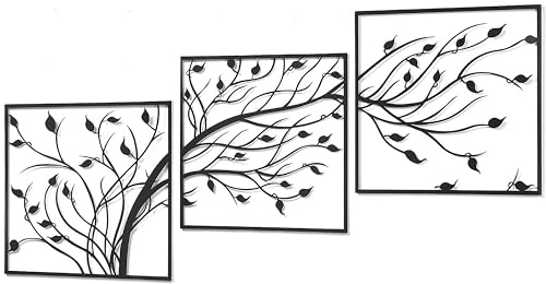 Kobolo Wandbild Wanddeko Metallbild WOOD Metall dreiteilig Baum Schwarz
