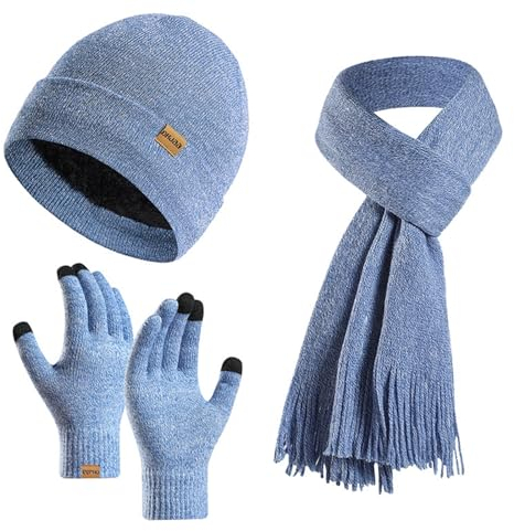 Wintermütze, Schal, Handschuhe, Set für Damen und Herren, solide gestrickt, Touchscreen-Handschuhe, Beanie-Mütze, 3-teiliges Set, Hellblau, One Size