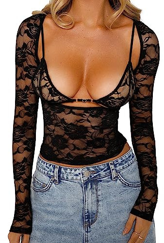 LSFYSZD Women Floral Lace Bralette and Long Sleeve Crop Top 2pcs Outfits See Through Fitted Sexy Low Cut Sheer Blouse Party Tops (Black, S)