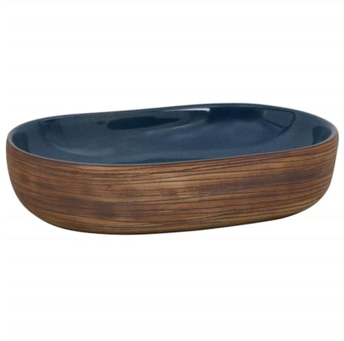 vidaXL Vasque à Poser, Évier de Salle de Bain avec Trou de Vidange, Lavabo avec Motifs Toilette Salle d'Eau, Marron et Bleu Ovale 59x40x14 cm Céramique