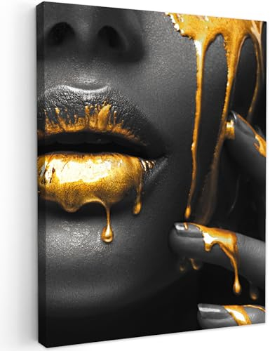 MuchoWow© Bilder 50x70 cm Wohnzimmer Deko Modern Wandbild Foto auf Leinwand Bild Schlafzimmer Room Decor Geschenke Frau - Schwarz - Gold - Gesicht - Lippen
