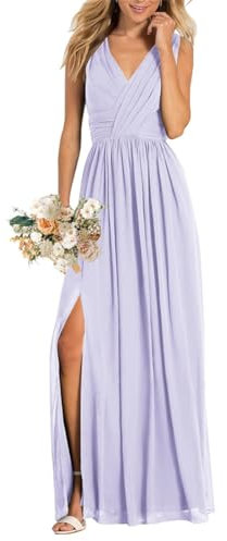 Damen V-Ausschnitt Brautjungfernkleider für Hochzeit Split A Linie Lange Formelle Kleider mit Taschen, Flieder, 34