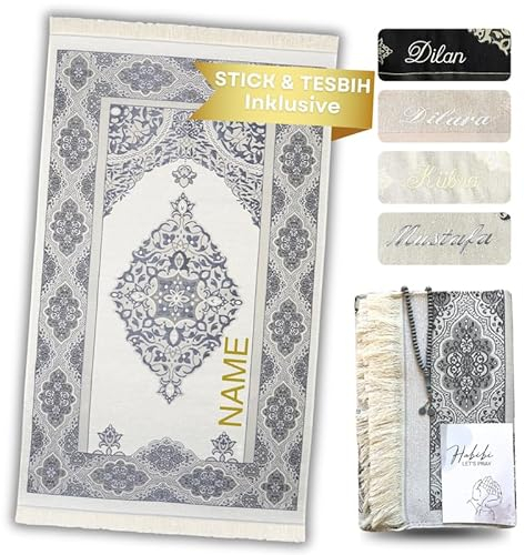 Imanpaper® - Gebetsteppich mit Namen inkl. Tesbih I Gebetsteppich Islam Extra dünn zum Mitnehmen I Geschenk für konvertierte Muslime 1,20 x 0,70m | Seccade Sejadah Islamic Prayer Rug mit Gravur