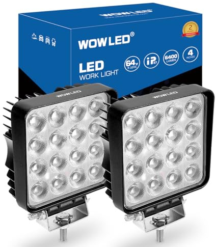 WOWLED Square LED Work Light 12V, 2 Pack 64W 12V 4X4 LED Spotlight, Waterproof Car Flood Beam Light for Tractors, Car for Offroad Driving, Boat Camper, Truck 24V
