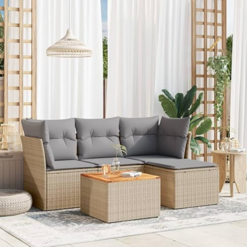 ULUYYUC 5-TLG. Garten-Sofagarnitur, Hocker Polsterbank Balkonmöbel Gartenbank Geeignet für Außenbereich Balkon Garten Hinterhof mit Kissen Beige Poly Rattan