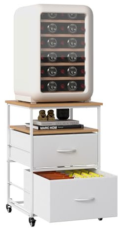 Qriocioa Mini Fridge Stand with Storage Small Beverage Refrigerator Stand Table with 2 Drawers Mobile Mini Fridge Cabinet Rack Compact Fridge Cart with Wheels for Kitchen Bedroom Office Dorm, White