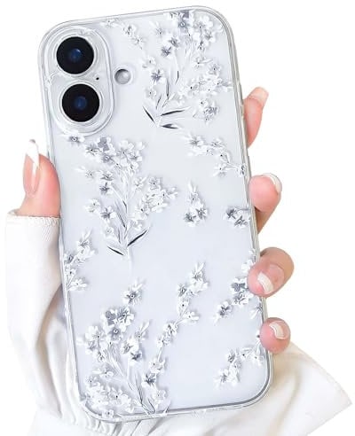 NITITOP Compatible with iPhone 16 Case Cute Clear Flower Floral Branch Design for Women Girls Artistic Transparent Soft TPU Shockproof Protective Phone Cover - White