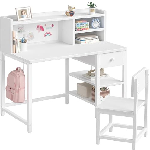 BOLUO White Kids Desk and Chair Set for 6-12 Year Old, Children Study Desk with Hutch and Storage Shelf, Student Writing Table with Fabric Drawer for Girls Boys