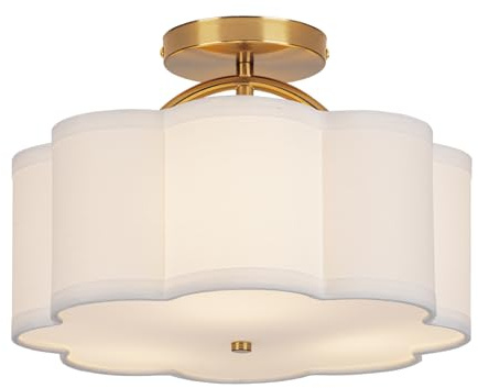 CALOKES Deckenleuchte, 3-flammig, 30 cm, mit cremeweißem Stoffschirm in Blütenform & goldenem Arm – für Schlafzimmer, Küche, Wohnzimmer, Flur & Eingang