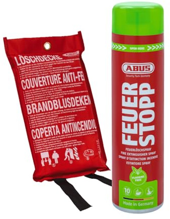 ABUS Feuerlöschspray Feuerstopp AFS625 fluorfrei + Löschdecke LD1118 - Set für Entstehungsbrände - handlicher Feuerlöscher und Löschdecke (100 x 100 cm) für Haushalt, Küche, Camper und Grill