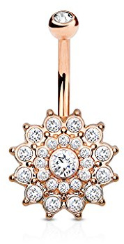 PiercedOff 316L Surgical Steel IP Rose Gold Tone Externally Threaded Belly Bar with Clear CZ Dahlia Flower - Thickness 14GA (1.6mm) / Length 10mm / Ball Size 5mm / Flower 16 x 16mm