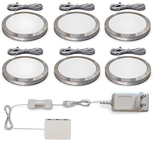 B.K.Licht - 6er Set Unterbauleuchte mit Kabelschalter, warmweiße Lichtfarbe, je 1,8W, Unterbauleuchte Küche, LED Lichtleiste Küche, Schrankbeleuchtung, Küchenlampe, 59x9,5 mm, Aluminiumfarbig