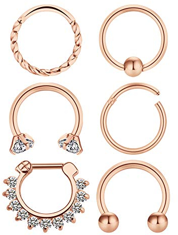 LAURITAMI 6stk Nasenpiercing Septum Ring Set Chirurgenstahl 8mm Nasenring Clicker Piercing Nase Schmuck Rosegold