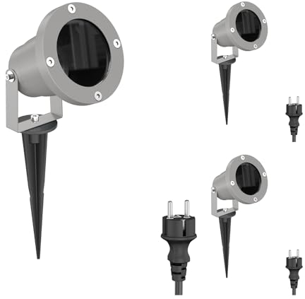 ledscom.de 3 Stück Gartenstrahler DUK mit Erdspieß für außen, IP65, Stecker, grau, 1 x GU10 max. 15W