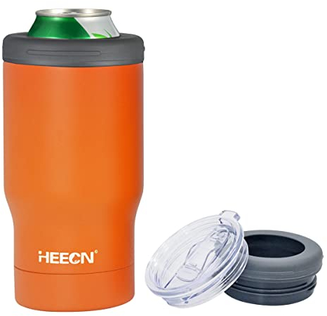 HEECN Vacuum Beer Cooler - Can and Bottle Holder - Cooler Sleeve - Insulated Mugs with Lid and Bottle Opener (Orange)