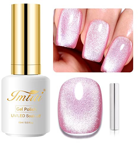 Imtiti Vernis à Ongles Gel Rose Champagne, 15 Ml 9d Hologramme Holographique Vernis à Ongles Gel MagnéTique Paillettes Oeil de Chat Gel UV Led Soak Off avec 1 Aimant
