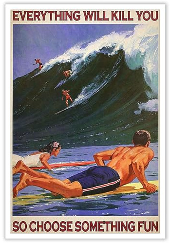 Enveable Retro-Hawaii-Surf-Spaß-Poster, Sommer, tropischer Strand, hawaiianische Insel, Strandkunst, blaue Ozeanwelle, Surfer, Wassersport, Surfbrett, Drucke für Zuhause, Schlafzimmer, Schlafsaal,