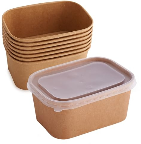 Lot de 20 saladiers rectangulaires en papier kraft marron avec couvercles passant au micro-ondes pour plats chauds et salades
