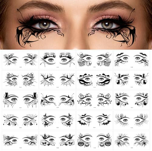 Amabro 20 Blatt Temporäre Halloween Tattoo Augen Aufkleber, Schwarz Spinnen Schläger, Wasserdichte Gefälschte Tattoos für Gesicht, Körper Feen Make up Dekoration für Frauen und Mädchen(Halloween)