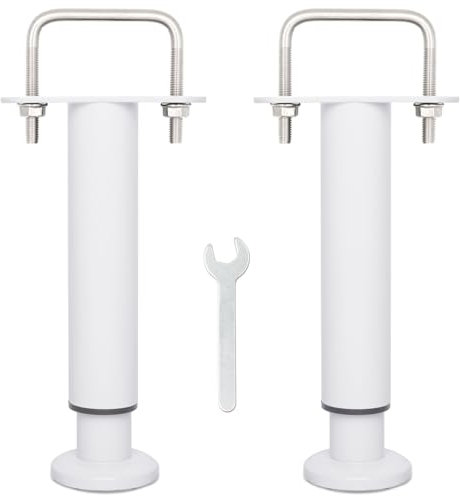 Pied de Lit Universel, Pieds pour Sommier à Lattes sans Perçage, Hauteur Réglable 25-42cm, U Largeur Interne 68mm, Design: Metallique Blanc, Rond ø 3.8cm, pour le Cadre Central sans Trou, Lot de 2