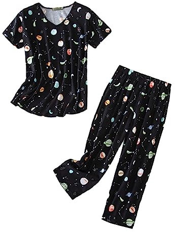 Pigiama Cotone Donna Pantaloni Lunghi a Maniche Corte da da Completo Estivo con Scollo Tondo Tuta Pigiama Pile Donna con Zip 𝐏igiamone Adulto (Black, XL)