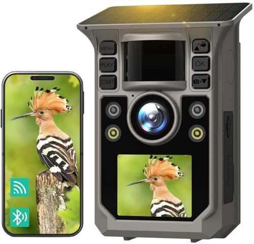 FKPCAM 4K HD Video 64MP Wildlife Camera with Mobile Phone Transfer App, Solar WLAN Built-in 7500 mAh Rechargeable Battery, Full Colour Night Vision, 64GB Memory Card, IP67 Waterproof, 130° Wide Angle