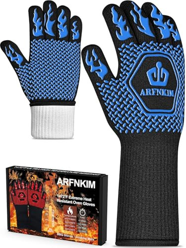 ARFNKIM BBQ Oven Gloves 1472℉ Heat Resistant Oven Mitts Silicone Non-Slip Cooking Gloves for Barbecue, Grilling, Baking, Welding, Smoker (A Pair) (Blue)