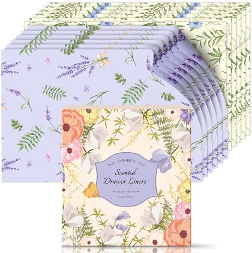 Scent-Hi Duftendes Schrankpapier Schubladeneinlagen, Schrankpapier | Duft Nach Leinen und Lavendel für Schubladen, Regalen, Kleiderschrank, Kommode, 12 Blatt 36.5 * 50 cm
