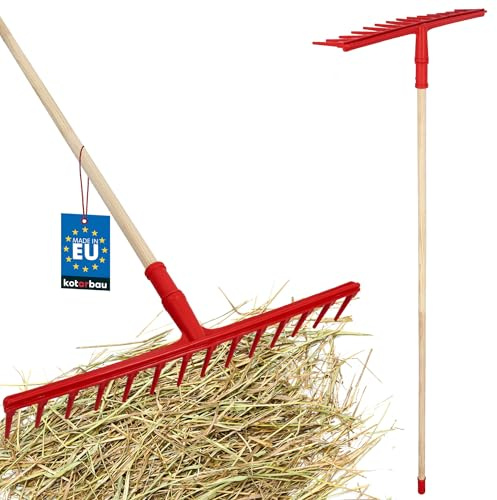KOTARBAU® Heurechen - 54 cm - mit Holzstiel 1,5 m - Extra-Click - Laubrechen Kunststoff - 14 Zinken - Rechen für Garten - Laubbesen - Heuharke - Kunststoff - Rot & Naturfarbe