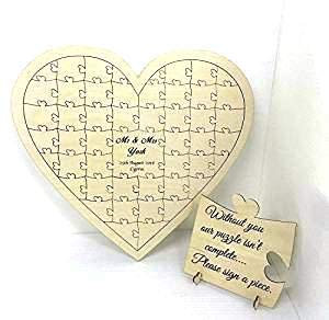 Personalised birch plywood 110 piece heart shaped wedding guest book jigsaw puzzle wooden anniversary birthday gift shabby shic