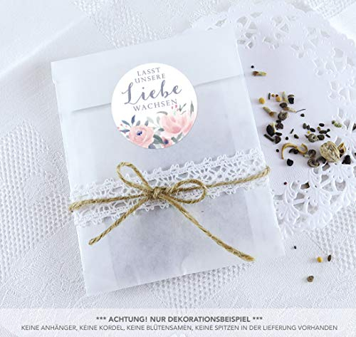 Blütensamen Tüten Set 24 Sticker LASST UNSERE LIEBE WACHSEN ROSE PASTELL ROSA BLAU GRAU GRÜN Ø 4cm matt + 24 Flachbeutel weiß 130 x 95 + 16 mm Hochzeit Taufe Blüten Gastgeschenk Deko
