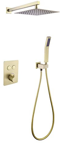 Duschamaturenset mit Thermostat 10 Zoll Regendusche Duschset Dual Funktionen Duschsystem Unterputz Temperaturspeicherunterputz Duscharmatur Set,Gebürstetes Gold