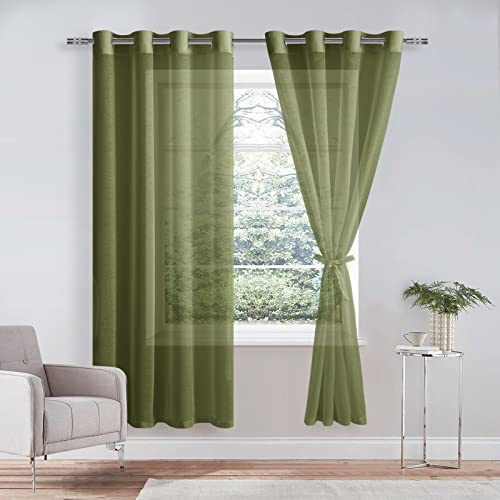 DWCN 2er Set Sheer Voile Vorhänge mit Ösen Transparente Gardinen für Schlafzimmer Kinderzimmer Wohnzimmer, Olivgrün, 225x140cm(HxB)